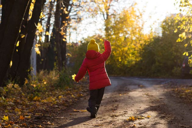 Ein fröhliches kleines Mädchen in einer roten Jacke und einem gelben Hut hält herbstgelbe Blätter in der Hand und spielt im herbstlichen Park cheerful little child girl in a red jacket and yellow hat holds autumn yellow leaves and plays in the autumn park (License=RF) ,model released, Symbolfoto Copyright: xZoonar.com UliaxZotaninax 24984394 ,model released, Symbolfoto ,property released