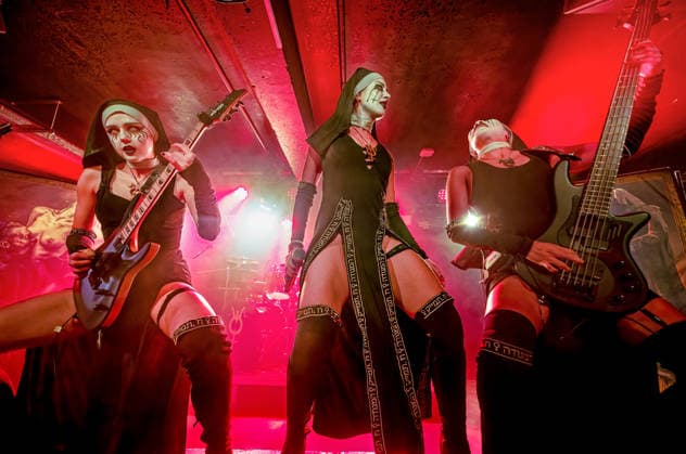 May 1, 2026, Manchester, United Kingdom: LAMIA ( Guitar ), LILITH (vocals ) And NIXE (bass) of Dogma, a female Rock band, performing at Club Acadmey, Manchester UK Manchester United Kingdom  - ZUMAp211 20260501_aap_p211_010 Copyright: xAndyxVonxPipx