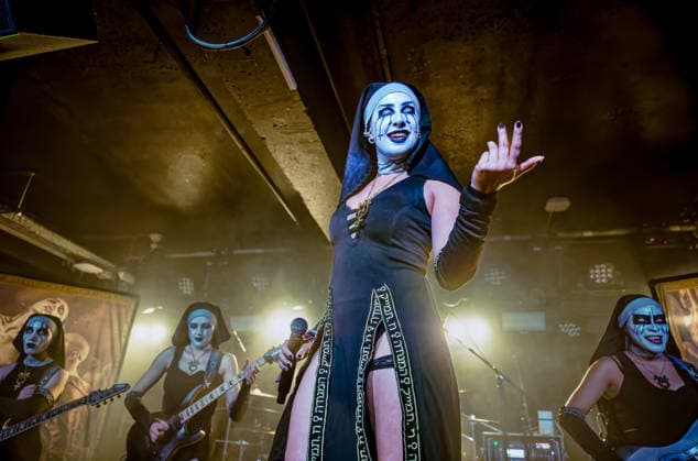 May 1, 2026, Manchester, United Kingdom: RUSALKA guitar, LAMIA .Guitar. LILITH vocals and NIXE bass of Dogma, a female Rock band, performing at Club Academy, Manchester UK Manchester United Kingdom  - ZUMAp211 20260501_aap_p211_011 Copyright: xAndyxVonxPipx