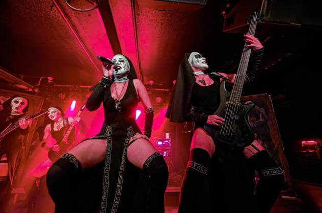 May 1, 2026, Manchester, United Kingdom: RUSALKA guitar, LAMIA guitar, LILITH vocals, NIXE bassist of Dogma, a female Rock band, performing at Club Academy, Manchester UK Manchester United Kingdom  - ZUMAp211 20260501_aap_p211_021 Copyright: xAndyxVonxPipx