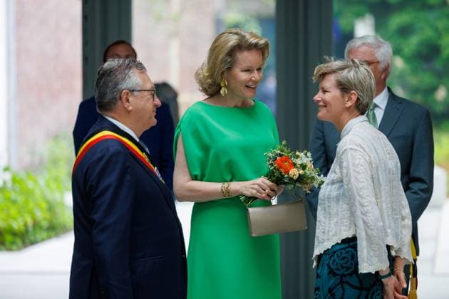 Brugge mayor Dirk De fauw, Queen Mathilde of Belgium, West-Flanders province governor Carl Decaluwe and French artist Laure Prouvost pictured during a royal visit to the BRUSK arts center in Brugge, Monday 04 May 2026. BRUSK is set to open for the public on 8 May.  KURTxDESPLENTER 172826960