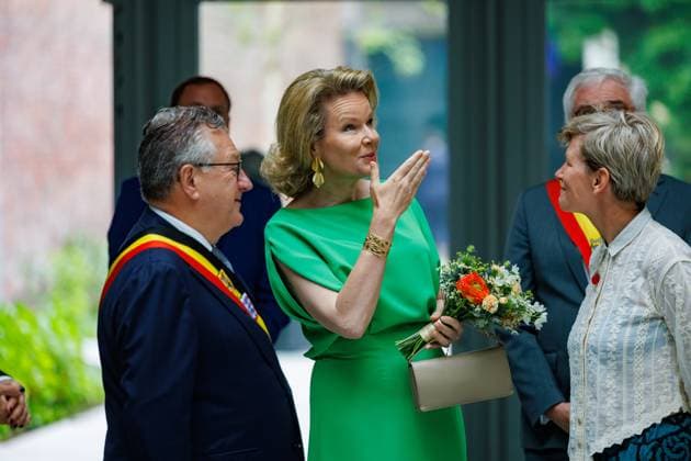 Brugge mayor Dirk De fauw, Queen Mathilde of Belgium, West-Flanders province governor Carl Decaluwe and French artist Laure Prouvost pictured during a royal visit to the BRUSK arts center in Brugge, Monday 04 May 2026. BRUSK is set to open for the public on 8 May.  KURTxDESPLENTER 172826967