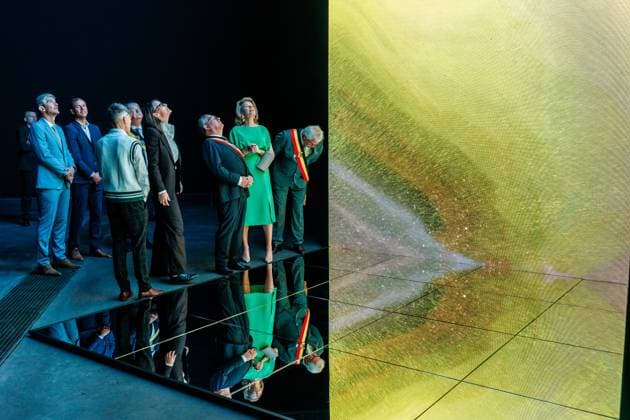 Brugge mayor Dirk De fauw, Queen Mathilde of Belgium and West-Flanders province governor Carl Decaluwe pictured during a royal visit to the BRUSK arts center in Brugge, Monday 04 May 2026. BRUSK is set to open for the public on 8 May.  KURTxDESPLENTER 172827142