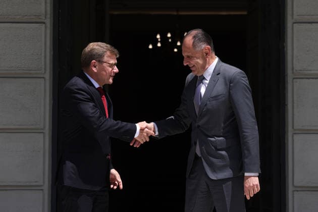 Greek Foreign Minister Gerapetritis - German Foreign Minister Wadephul meeting in Athens ATHENS, GREECE - MAY 4: Greek Foreign Minister Giorgos Gerapetritis welcomes his German counterpart Johann Wadephul at the Foreign Ministry in Athens, Greece, on May 4, 2026. Costas Baltas Anadolu Athens Greece. Editorial use only. Please get in touch for any other usage.  Copyright: x2026xAnadoluxCostasxBaltasx