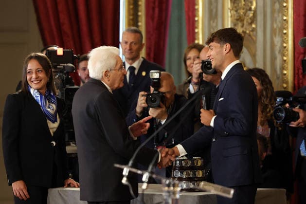 Rome - Italy, May 4, 2026: Flavio Cobolli, Sergio Mattarella. A special meeting at the Quirinale Palace between President Sergio Mattarella and the Italian women s and men s national tennis teams, who achieved an extraordinary feat: winning the 2025 Billie Jean King Cup and the 2025 Davis Cup. Talent, determination, and team spirit that have shaped the history of Italian sport.  Copyright: xmarcoxiacobuccix xipa-agency.netx xmarcoxiacobuccix IPA_Agency_IPA74428065