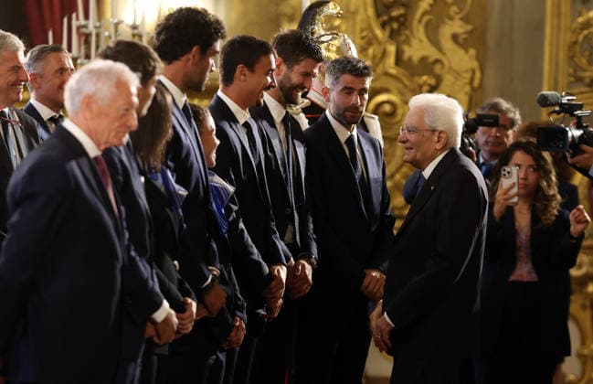 Rome - Italy, May 4, 2026: Sergio Mattarella bids farewell to the athletes. A special meeting at the Quirinale Palace between President Sergio Mattarella and the Italian women s and men s national tennis teams, who achieved an extraordinary feat: winning the 2025 Billie Jean King Cup and the 2025 Davis Cup. Talent, determination, and team spirit that have shaped the history of Italian sport.  Copyright: xmarcoxiacobuccix xipa-agency.netx xmarcoxiacobuccix IPA_Agency_IPA74427700