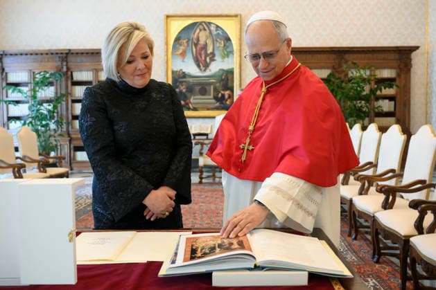 ITALY - POPE LEO XIV RECEIVES IN PRIVATE AUDIENCE H.E. MS HALLA TOMASDOTTIR AT THE VATICAN - 2026 5 4 Italy, Rome, Vatican, 2026 5 4 . Pope Leo XIV receives in a private audience H.E. Ms. Halla Tomasdottir, President of Iceland at Vatican. EDITORIAL USE ONLY - NO BOOKS Copyright: xVATICANxMEDIAx