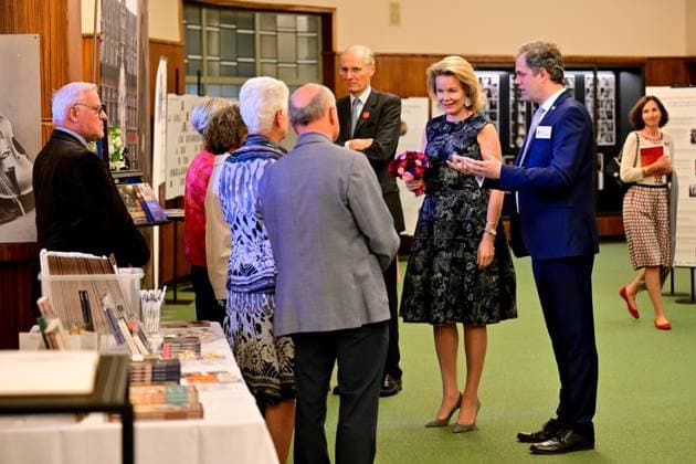 Queen Mathilde of Belgium and Historian Peter Francois attend a royal visit to the 75 years of history exhibition on the Queen Elisabeth Competition, at the Brussels Flagey concert hall, Monday 04 May 2026. This year s edition of the competition, focusing on the cello, takes place from 4 tot 30 May.  DIRKxWAEM 172854552