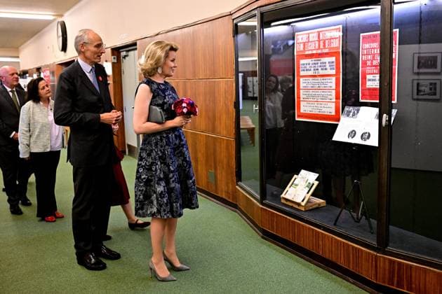 Queen Elisabeth Competition President Count Yvan de Launoit and Queen Mathilde of Belgium attend a royal visit to the 75 years of history exhibition on the Queen Elisabeth Competition, at the Brussels Flagey concert hall, Monday 04 May 2026. This year s edition of the competition, focusing on the cello, takes place from 4 tot 30 May.  DIRKxWAEM 172854557