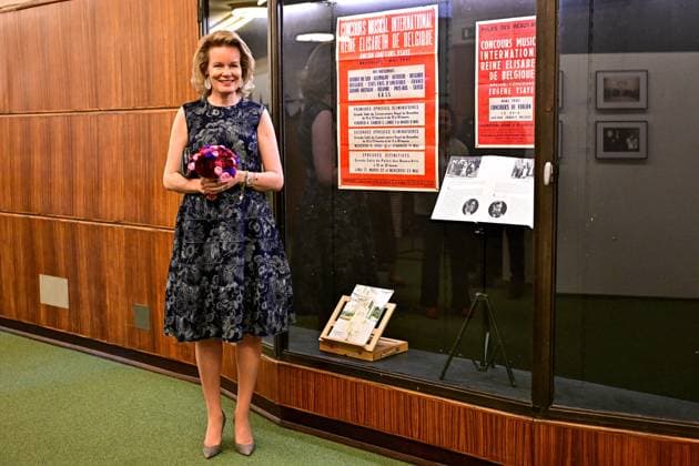 Queen Mathilde of Belgium attends a royal visit to the 75 years of history exhibition on the Queen Elisabeth Competition, at the Brussels Flagey concert hall, Monday 04 May 2026. This year s edition of the competition, focusing on the cello, takes place from 4 tot 30 May.  DIRKxWAEM 172855318