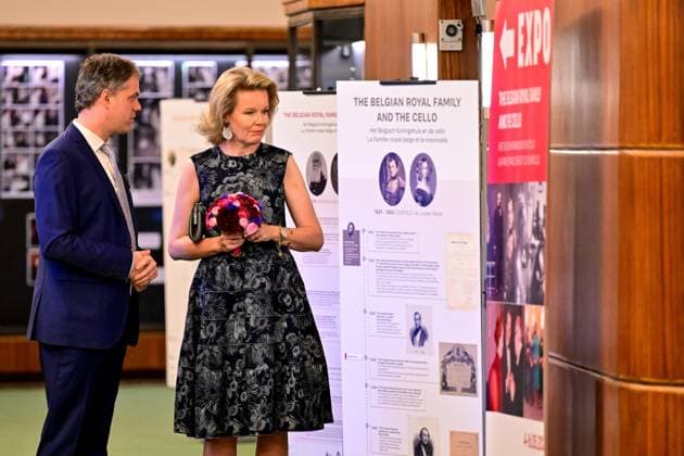 Historian Peter Francois and Queen Mathilde of Belgium attend a royal visit to the 75 years of history exhibition on the Queen Elisabeth Competition, at the Brussels Flagey concert hall, Monday 04 May 2026. This year s edition of the competition, focusing on the cello, takes place from 4 tot 30 May.  DIRKxWAEM 172855403