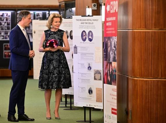 Historian Peter Francois and Queen Mathilde of Belgium attend a royal visit to the 75 years of history exhibition on the Queen Elisabeth Competition, at the Brussels Flagey concert hall, Monday 04 May 2026. This year s edition of the competition, focusing on the cello, takes place from 4 tot 30 May.  DIRKxWAEM 172855541
