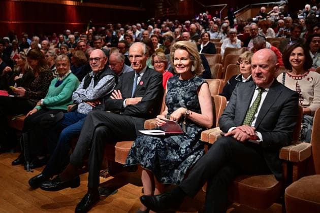 Queen Elisabeth Competition President Count Yvan de Launoit and Queen Mathilde of Belgium attend the first round of the Queen Elisabeth Cello Competition, at the Brussels Flagey concert hall, Monday 04 May 2026. This year s edition of the competition for career-starting musicians takes place from 4 tot 30 May.  DIRKxWAEM 172856628