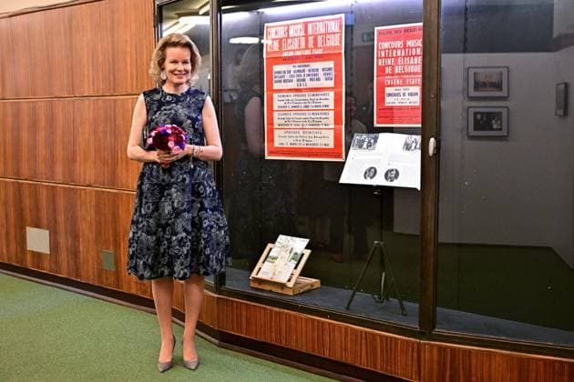 Queen Mathilde of Belgium attends the 75 years of history exhibition on the Queen Elisabeth Competition, at the Brussels Flagey concert hall, Monday 04 May 2026. This year s edition of the competition, focusing on the cello, takes place from 4 tot 30 May.  DIRKxWAEM 172856637
