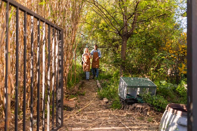 Gardeners wearing aprons walking and talking in lush garden model released, Symbolfoto, JCCMF14933