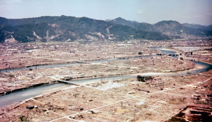 RECORD DATE NOT STATED USAF photograph of Hiroshima after the atomic bomb in August 1945. Hiroshima after the dropping of the atom bomb in August 1945. USAF photograph. Editorial use only. All other uses to be cleared with the copyright owner (World History Archive), in advance., WHA_006_0224.jpg, Hiroshima; atom bomb; USAF; photograph; August 1945; bombing; destruction; aftermath; World War II; nuclear warfare; devastation; Japan; military; United States; historical; war; tragedy; bombing raid; mushroom cloud; Enola Gay; Little Boy; Hiroshima Peace Memorial; atomic bomb explosion; Hiroshima city; bombing campaign; Pacific War; atomic bomb attack; Hiroshima bombing; nuclear bomb; Hiroshima destruction. Copyright: xx