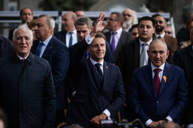 ARMENIA, GYUMRI - MAY 5, 2026: Vahagn Khachaturyan, President of Armenia, his counterpart Emmanuel Macron of France, and Prime Minister Nikol Pashinyan (L-R) emerge ahead of a concert titled Musical Bridge: Armenia - France and held in Vardanants Square to mark friendship between the two countries. Alexander Patrin TASS  92081287