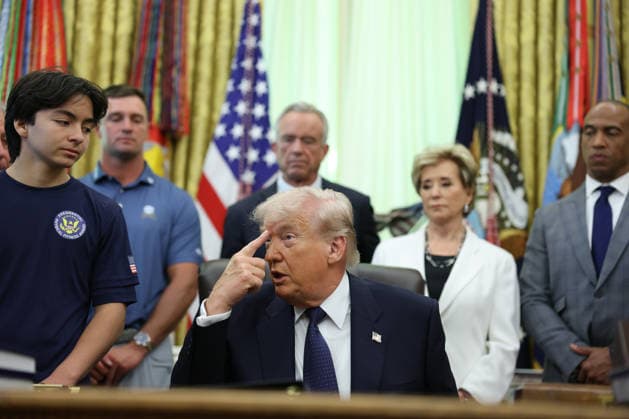 President Donald Trump speaks before signing a proclamation inside the Oval Office at The White House in Washington, on May 5, 2026. The memorandum is set to restore the Presidential Fitness Test Award, a competitive school-based fitness program last seen under the Obama administration.  WASP20260505105 TomxBrenner