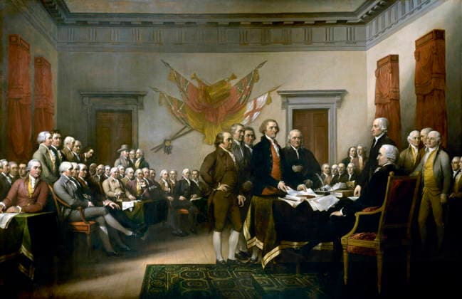 RECORD DATE NOT STATED John Trumbull?s 1819 oil painting depicting the five-man drafting committee of the Declaration of Independence presenting their work to Congress. John Trumbull s painting, Declaration of Independence, depicting the five-man drafting committee of the Declaration of Independence presenting their work to the Congress. The painting can be found on the back of the U.S. $2 bill. The original hangs in the US Capitol rotunda. Editorial use only. All other uses to be cleared with the copyright owner (World History Archive), in advance., WHA_015_0202.jpg, John Trumbull; Declaration of Independence; painting; five-man drafting committee; Congress; U.S. $2 bill; original; US Capitol rotunda; historical; American Revolution; found Copyright: xx