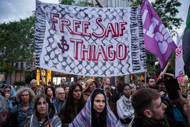 May 5, 2026, Barcelona, Barcelona, Spain: Protesters at the EU headquarters in Barcelona demand the release of Global Sumud Flotilla activists Saif Abukeshek and Thiago oÂ?vila, whose detention in Israel was extended for six more days. The group was intercepted in international waters while sailing to Gaza. Barcelona Spain  - ZUMAa239 20260505_zip_a239_020 Copyright: xMarcxAsensioxClupesx