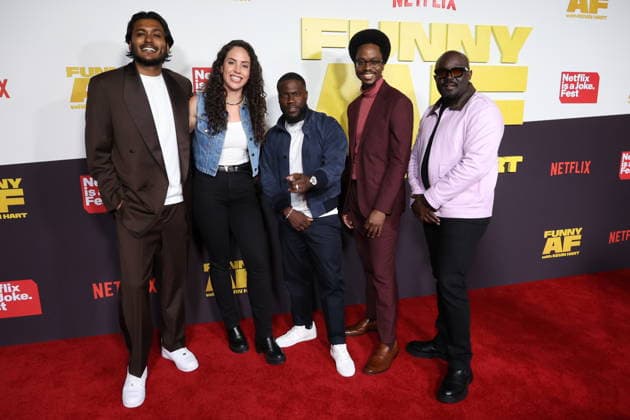 LOS ANGELES, CALIFORNIA - MAY 05: Usama Siddiquee, Caitlin Peluffo, Kevin Hart, Ron Taylor and Reg Thomas at as Netflix Is A Joke Festival Presents: Funny AF with Kevin Hart at The United Theater on Broadway on May 05, 2026 in Los Angeles, California. Copyright: xAdMediax xMediaPunchx