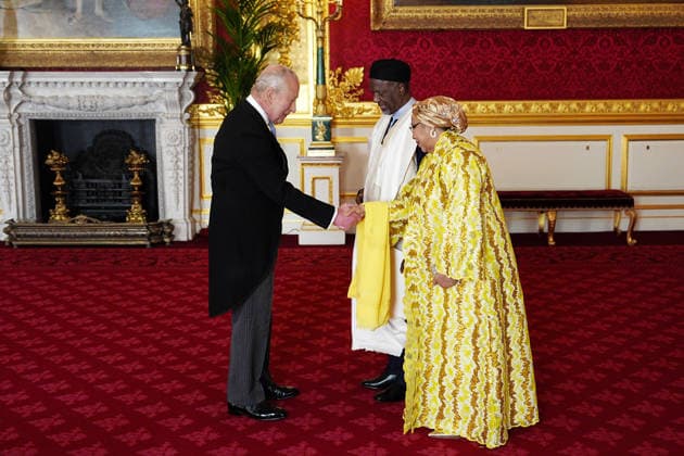 Audience at St James Palace Aminu Muhammad Dalhatu, High Commissioner for Nigeria accompanied by Mrs. Dalhatu, presents his credentials during an audience with King Charles III (left) at St James s Palace, London. Picture date: Wednesday May 6, 2026., Credit:Aaron Chown Avalon UK  Copyright: xAaronxChownx xAvalonx 1096899802