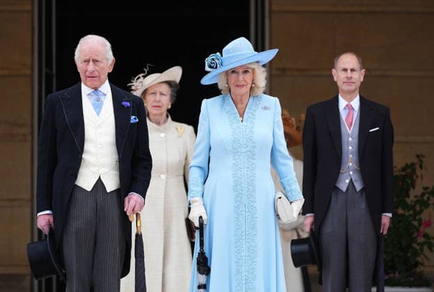 Royal Garden Party at Buckingham Palace (left to right) King Charles III, the Princess Royal, Queen Camilla and the Duke of Edinburgh stand at the top of the Garden steps before the start of a Royal Garden Party at Buckingham Palace, London. Picture date: Wednesday May 6, 2026., Credit:Aaron Chown Avalon UK, London  Copyright: xAaronxChownx xAvalonx 1096939059