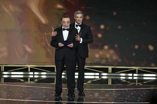 Rome, 71st David di Donatello Awards, Broadcast. Pictured: Bianca Balti, Nino Frassica, and Flavio Insinna  Copyright: xMaurizioxD Avanzox xipa-agency.netx xDxAvanzo Provvisionato Landix IPA_Agency_IPA74481102