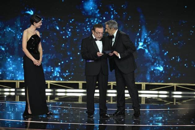 Rome, 71st David di Donatello Awards, Broadcast. Pictured: Bianca Balti, Nino Frassica, and Flavio Insinna  Copyright: xMaurizioxD Avanzox xipa-agency.netx xDxAvanzo Provvisionato Landix IPA_Agency_IPA74481098
