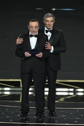 Rome, 71st David di Donatello Awards, Broadcast. Pictured: Bianca Balti, Nino Frassica, and Flavio Insinna  Copyright: xMaurizioxD Avanzox xipa-agency.netx xDxAvanzo Provvisionato Landix IPA_Agency_IPA74481103