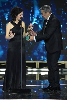 Rome, 71st David di Donatello Awards, Broadcast. Pictured: Flavio Insinna, Margherita Vicario, Margherita Spampinato  Copyright: xMaurizioxD Avanzox xipa-agency.netx xDxAvanzo Provvisionato Landix IPA_Agency_IPA74481251