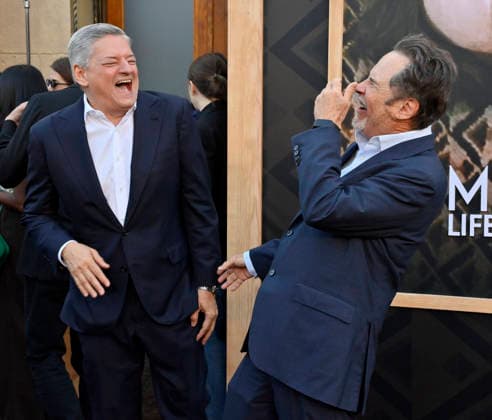 Ted Sarandos (L) and Dennis Miller attend the premiere of Netflix s documentary Marty Life Is Short at the Egyptian Theatre in the Hollywood section of Los Angeles on Wednesday, May 6, 2026. Storyline: The definitive documentary on comedian Martin Short, exploring his career across film, television, theater and comedy.  LAP2026050609 JIMxRUYMEN