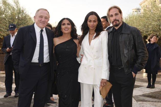 Venice, Pinault Foundation gala dinner on the island of San Giorgio, in the photo: Salma Hayek, François-Henri Pinault, Zoe Saldana, Marco Perego  Copyright: xFRANCESCAxVIECELIx xipa-agency.netx xFrancescaxViecelix IPA_Agency_IPA74479807