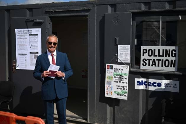 Reform UK Leader Nigel Farage votes for UK local elections 2026 WALTON-ON-THE-NAZE, UNITED KINGDOM - MAY 07: Reform UK leader Nigel Farage is seen after casting his vote during the local council elections on May 07, 2026 in Walton-on-the-Naze, United Kingdom. Rasid Necati Aslim Anadolu Walton-on-the-Naze United Kingdom. Editorial use only. Please get in touch for any other usage.  Copyright: x2026xAnadoluxRasidxNecatixAslimx