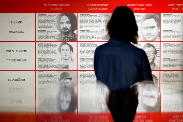 Classification of different perpetrators from organized Charles Manson to disorganized David Berkowitz and from vision-driven to hedonistic Ted Bundy on display in the True Crime exhibition Serial Killers in Cologne Ehrenfeld Cologne, 07 05 2026 NRW Germany Copyright: xChristophxHardtx