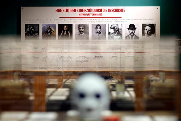 Pictures of various serial killers from history such as Jack the Ripper on display in the True Crime exhibition Serial Killers in Cologne Ehrenfeld Cologne, 07 05 2026 NRW Germany Copyright: xChristophxHardtx