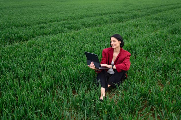 Woman working on laptop while sitting in green field outdoors Corby, England, United Kingdom R_JNDO260504B-2010902-01 ,model released, Symbolfoto