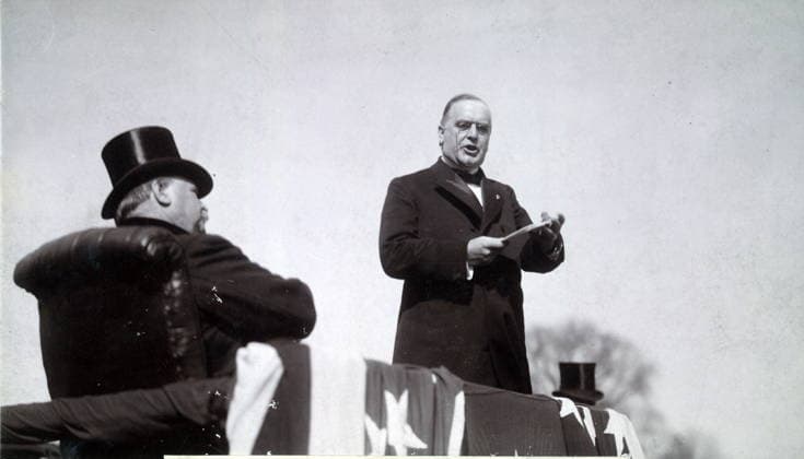 RECORD DATE NOT STATED President William McKinely 1897. President William McKinely 1897. McKinley delivering his inaugural address. Unknown Editorial use only. All other uses to be cleared with the copyright owner (World History Archive), in advance., WHA_034_0205.jpg, President William McKinley; 1897; inaugural address; president; United States; historical; speech; public speaking; formal event; American history; government; leader; ceremony; politics; formal attire; podium; crowd; audience; important moment; 19th century; black and white; vintage; classic; traditional; American flag; patriotic; Washington D.C.; Capitol Building; American president; historical figure; formal occasion Copyright: xx