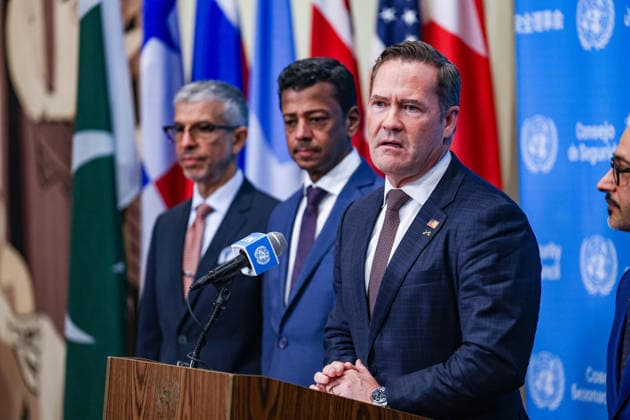 May 7, 2026, New York, New York, USA: AMBASSADOR MIKE WALTZ, U.S. Representative to the United Nations, and AMBASSADOR JAMAL FARES ALROWAIEI, Permanent Representative of Bahrain to the United Nations in the background, speaks to the press at UNHQ on a draft Security Council resolution concerning the Strait of Hormuz. They were joined by representatives of the UAE, Saudi Arabia, Qatar and Kuwait in calling for freedom of navigation and maritime security in the strait. New York USA  - ZUMAo116 20260507_znp_o116_045 Copyright: xBiancaxOterox