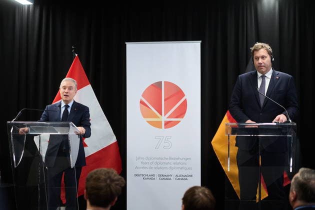 May 8, 2026, Toronto, On, Canada: Minister of Finance and National Revenue Francois-Philippe Champagne, left, and German Vice-Chancellor and Federal Minister of Finance Lars Klingbeil speak following a tour of Bombardier s aircraft assembly centre in Mississauga, Ont., on Friday, May 8, 2026. Toronto Canada - ZUMAc35_ 20260508_zaf_c35_045 Copyright: xSammyxKoganx