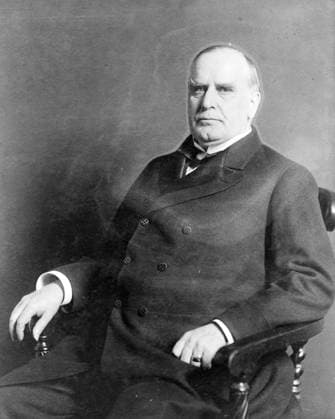 RECORD DATE NOT STATED President William McKinley. Three-quarter length portrait of President William McKinley. During his time as president he led the United States to victory in the Spanish-American War and raised protective tariffs to promote American industry. Editorial use only. All other uses to be cleared with the copyright owner (World History Archive), in advance., WHA_046_0007.jpg, President William McKinley; three-quarter length portrait; Spanish-American War; protective tariffs; American industry; United States victory; leader; president; historical figure; American history; politician; 19th century; formal attire; mustache; serious expression; leader of the free world; influential leader; American president; McKinley administra Copyright: xWorldxHirsoryxArchivex