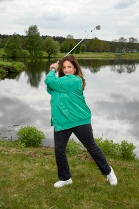 ABB PROMIGOLF Rebecca Immanuel teeing off Actress as a guest at the first charity celebrity AM golf tournament for the benefit of Kinderwohl Berlin and Geka e V at the Golf und Country Club am Motzener See in Mittenwalde Brandenburg on 09 05 2026 Brandenburg Germany