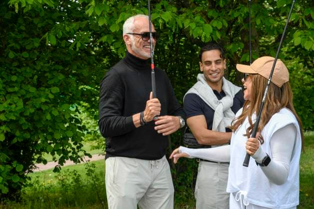 ABB PROMIGOLF Simone Thomalla friend Rene Merten Timor Uelker as guest at the first charity celebrity AM golf tournament for the benefit of Kinderwohl Berlin and Geka e V at the Golf and Country Club am Motzener See in Mittenwalde Brandenburg on 09 05 2026 Brandenburg Germany