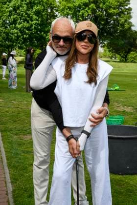ABB PROMIGOLF Simone Thomalla friend Rene Merten teeing off, guest at the first charity celebrity AM golf tournament for the benefit of Kinderwohl Berlin and Geka e V at the Golf and Country Club am Motzener See in Mittenwalde Brandenburg on 09 05 2026 Brandenburg Germany