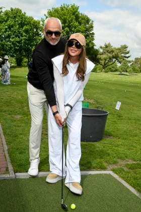 ABB PROMIGOLF Simone Thomalla friend Rene Merten teeing off, guest at the first charity celebrity AM golf tournament for the benefit of Kinderwohl Berlin and Geka e V at the Golf and Country Club am Motzener See in Mittenwalde Brandenburg on 09 05 2026 Brandenburg Germany