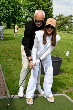 ABB PROMIGOLF Simone Thomalla friend Rene Merten teeing off, guest at the first charity celebrity AM golf tournament for the benefit of Kinderwohl Berlin and Geka e V at the Golf and Country Club am Motzener See in Mittenwalde Brandenburg on 09 05 2026 Brandenburg Germany