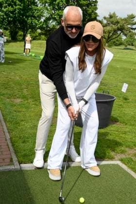 ABB PROMIGOLF Simone Thomalla friend Rene Merten teeing off, guest at the first charity celebrity AM golf tournament for the benefit of Kinderwohl Berlin and Geka e V at the Golf and Country Club am Motzener See in Mittenwalde Brandenburg on 09 05 2026 Brandenburg Germany
