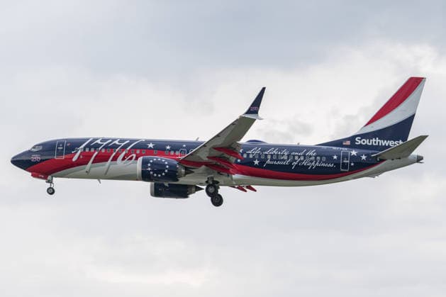 May 9, 2026, Baltimore, Maryland, United States: A Southwest Airlines Boeing 737 MAX 8 painted in the airlineÃ¢â‚¬â ¢s special Ã¢â‚¬oeIndependence OneÃ¢â‚¬Â? America 250 commemorative livery arrives for landing at Baltimore Washington International Thurgood Marshall Airport (BWI). The aircraft, registered N1776R, was unveiled by Southwest Airlines in partnership with America250 to celebrate the upcoming 250th anniversary of the United States, featuring patriotic artwork and the phrase Ã¢â‚¬oeLife, Liberty and the pursuit of HappinessÃ¢â‚¬Â? across the fuselage. Baltimore United States  - ZUMAk206 20260509_znp_k206_008 Copyright: xMattxKaminskyx