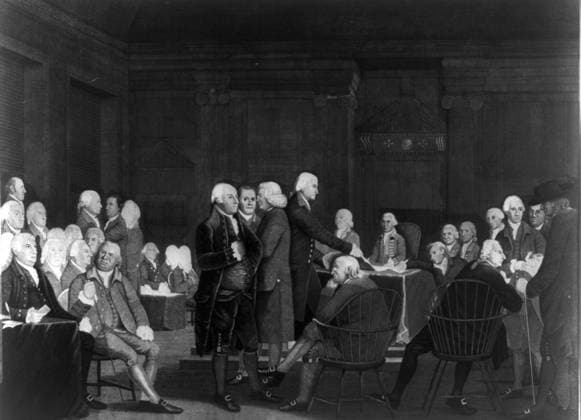 RECORD DATE NOT STATED Congress voting the Declaration of Independence Congress voting the Declaration of Independence Print shows men gathered in the Assembly Room in the Pennsylvania State House (now called Independence Hall), Philadelphia. Completed figures include John Adams, Roger Sherman, James Wilson and Thomas Jefferson, handing a document to John Hancock, president of the Congress. Editorial use only. All other uses to be cleared with the copyright owner (World History Archive), in advance., WHA_051_0075.jpg, Declaration of Independence; Continental Congress; United States Declaration; Pennsylvania State House; Independence Hall; Philadelphia; John Hancock; John Adams; Thomas Jefferson; Roger Sherman; James Wilson; Second Continen Copyright: xWorldxHistoryxArchivex