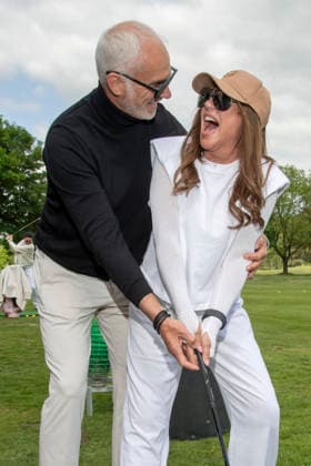 ABB PROMIGOLF Simone Thomalla friend Rene Merten teeing off, guest at the first charity celebrity AM golf tournament for the benefit of Kinderwohl Berlin and Geka e V at the Golf and Country Club am Motzener See in Mittenwalde Brandenburg on 09 05 2026 Brandenburg Germany